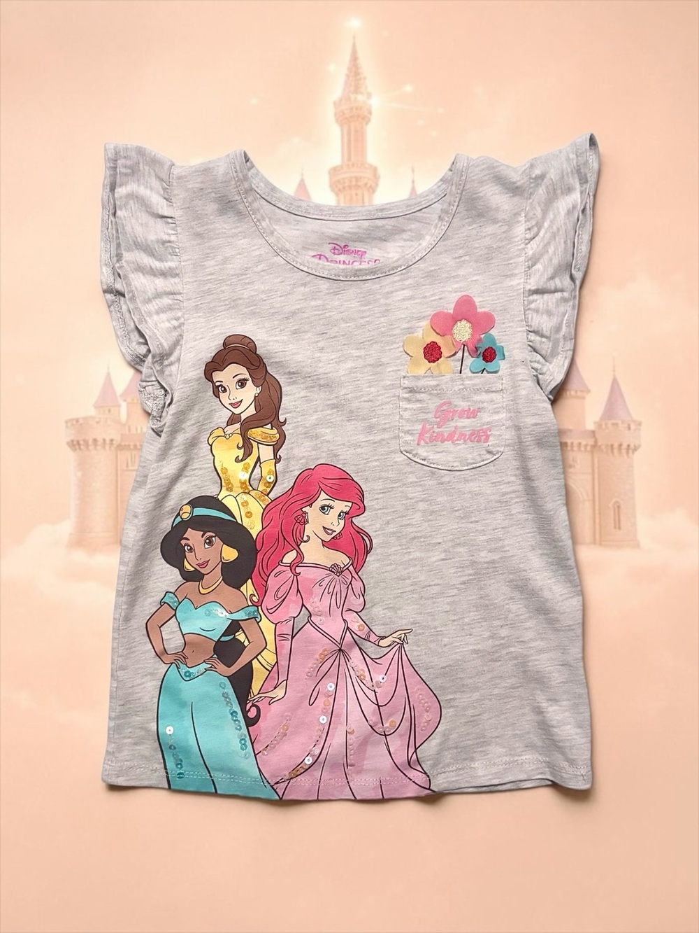 Disney Princess Girls Tee Multi‑Character Gray Sequins Flutter Sleeve Size 6